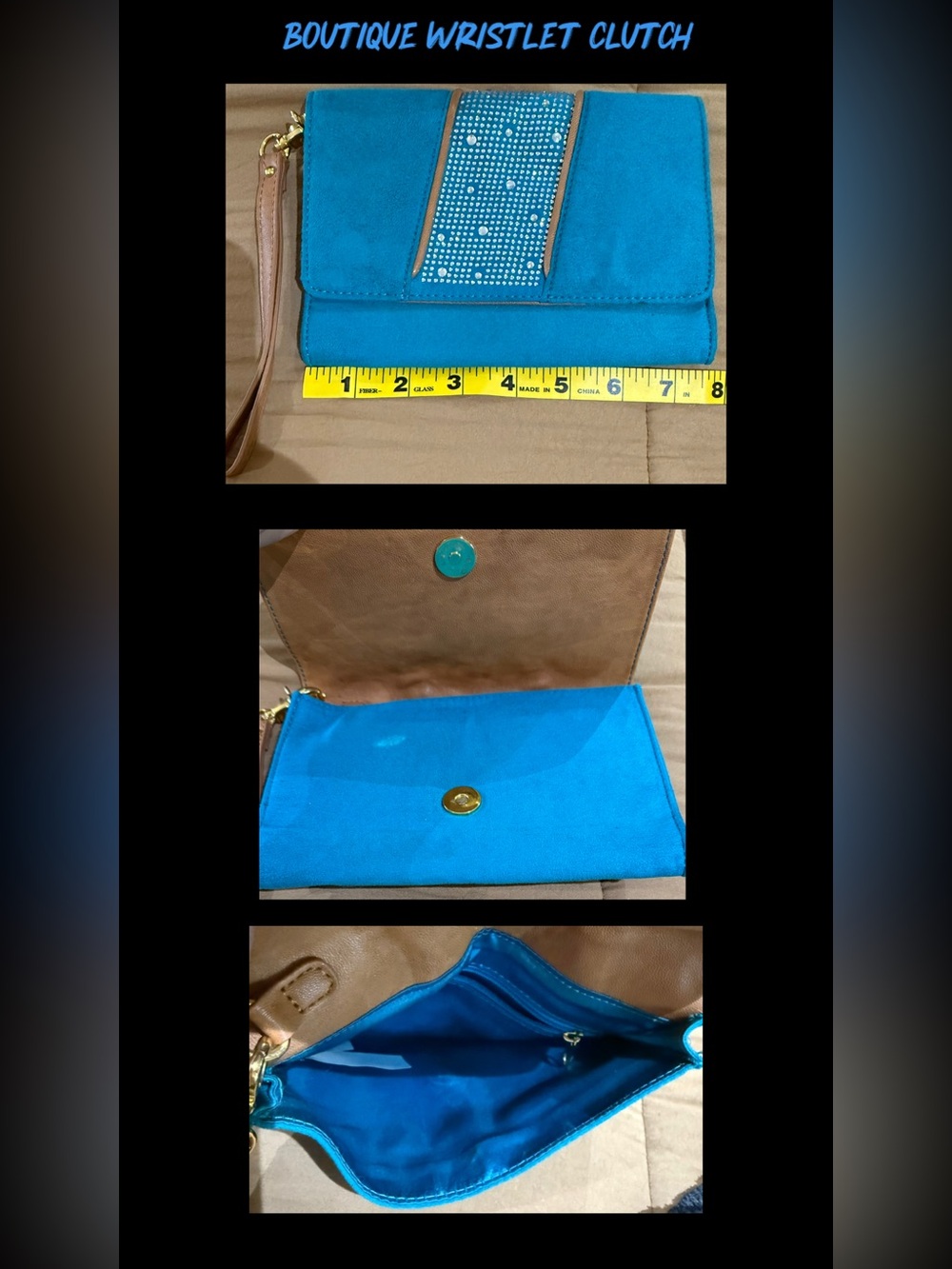 Boutique 9 Teal Blue Suede Clutch with Rhinestone Trim and Tan Strap